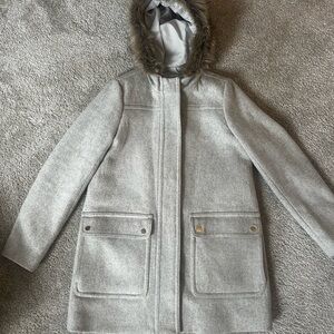 JCrew Gray Hooded Coat with Faux Fur Trim